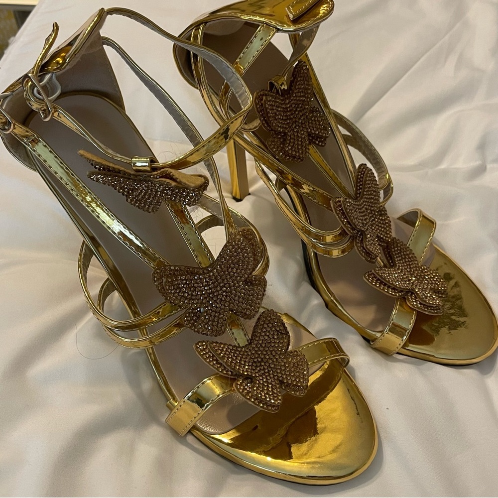 Gold Women’s High Heeled Butterfly Sandals Size 39